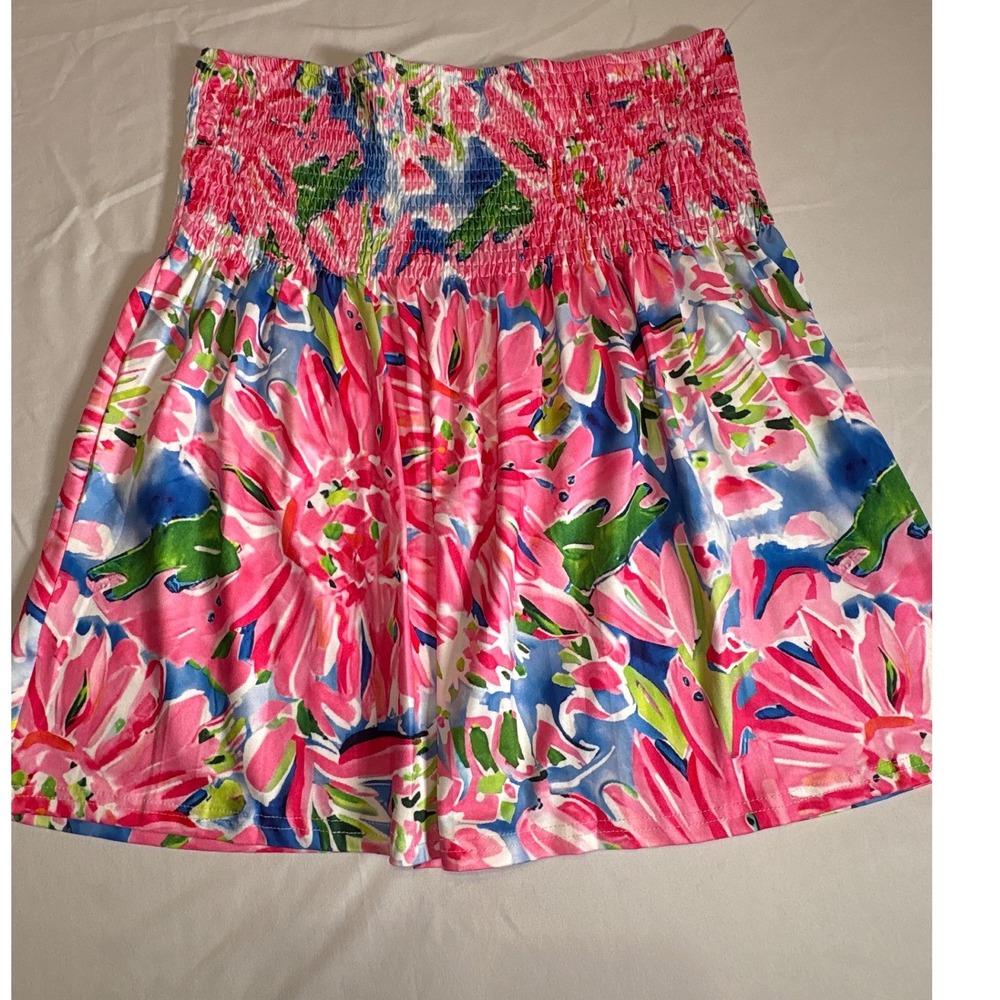 Floral Smocked Waist Mini Skirt Pink Blue Tropical Print XL Summer Beach
